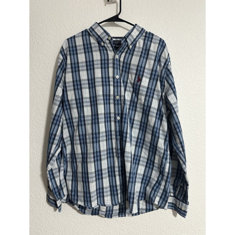 U.S. Polo Assn. Mens‎ XL Blue Checkered Plaid Long Sleeve Button Up Shirt